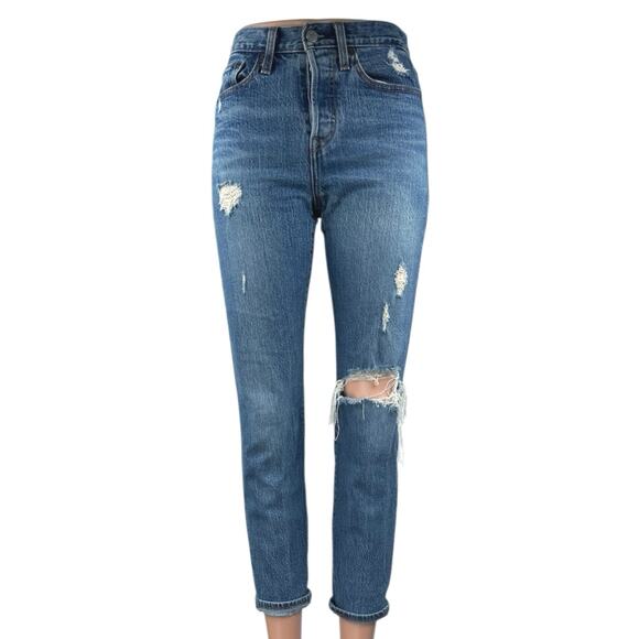 Levi's Wedgie Women's Blue Distressed High Rise Crop Skinny Denim Jeans Size 24 - Picture 1 of 7